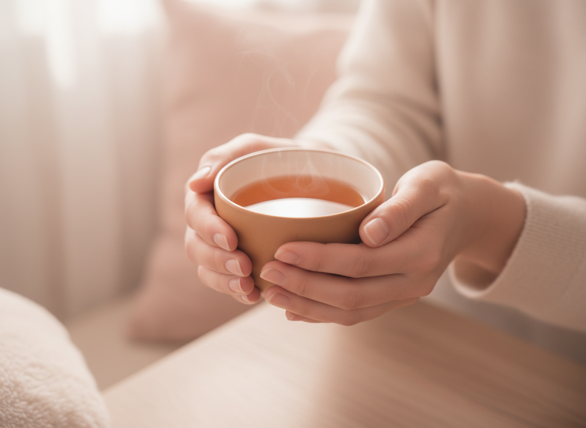 Hands offering a warm cup of tea